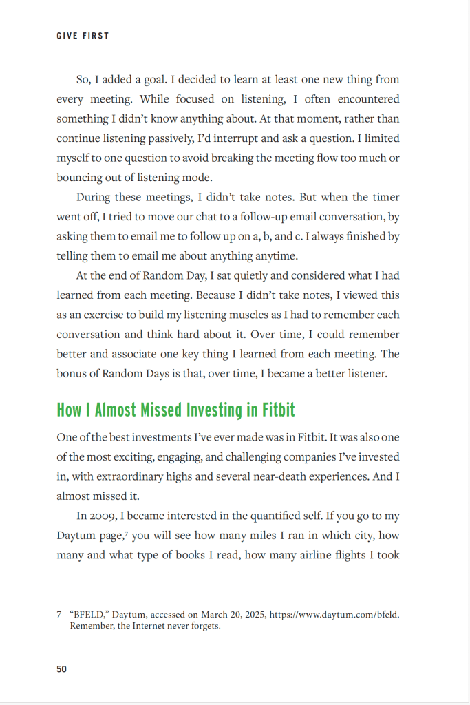 Page from the book titled 'Give First' discussing the author's goal to learn something new from each meeting.
